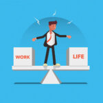Man balancing in the middle of a scale with a box titled work and a box titled life on either side.